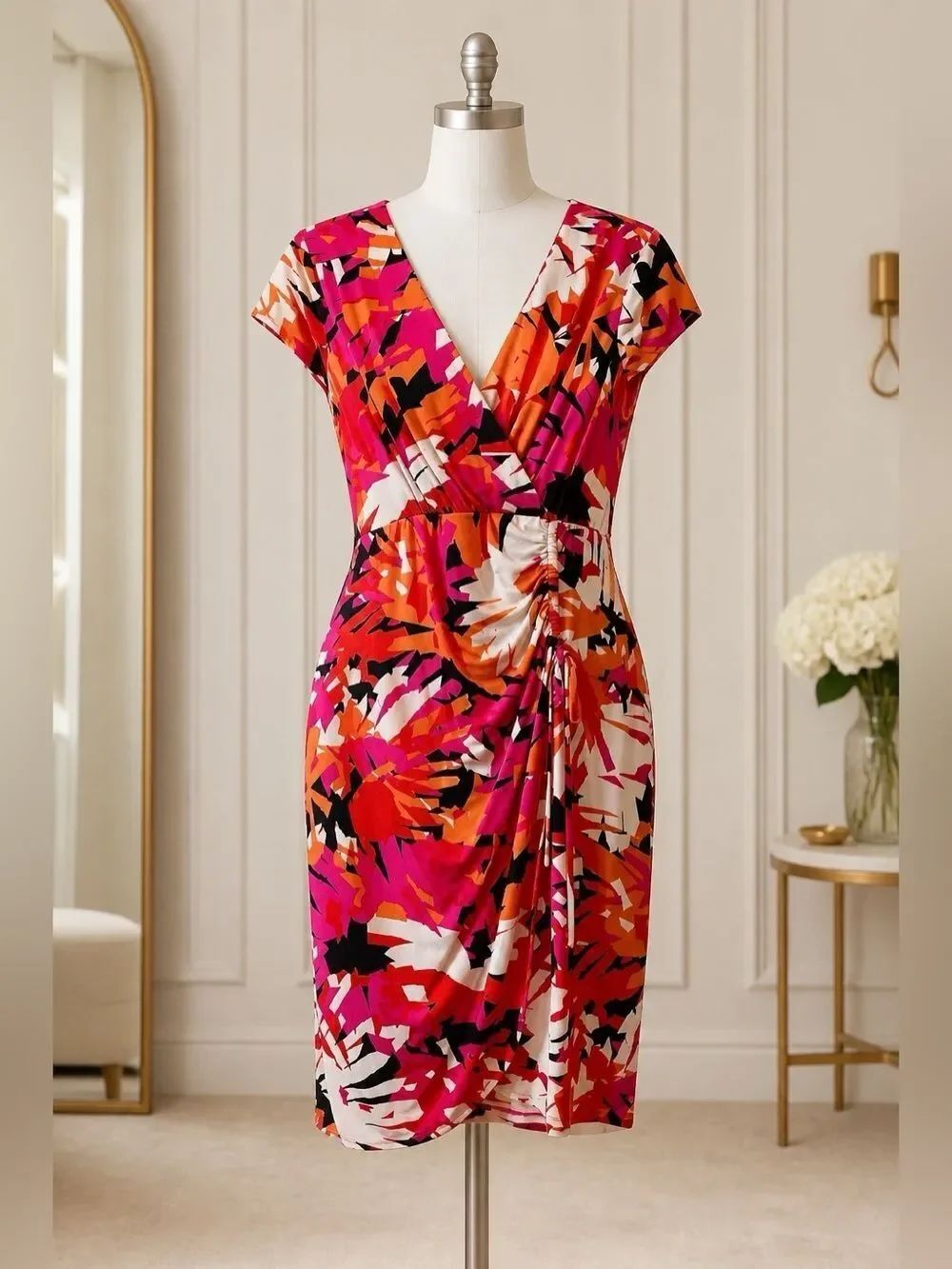 Boston Proper Pink and Orange Abstract Midi Dress